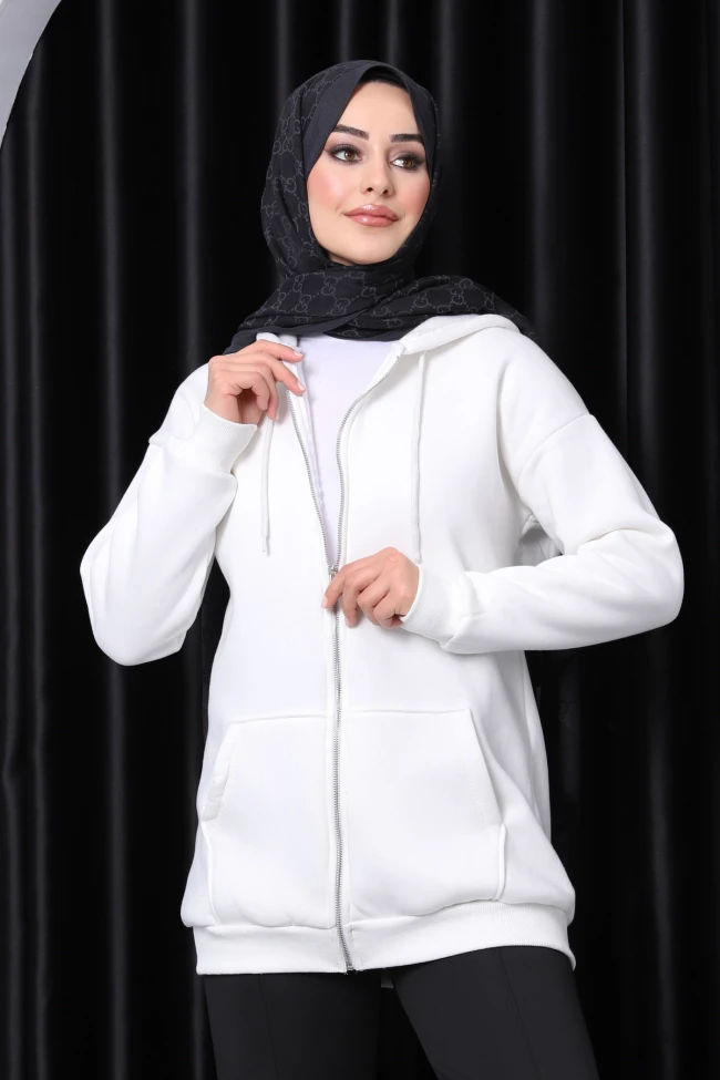 Ekru Kapşonlu Fermuarlı Üç İplik Cepli Hırka