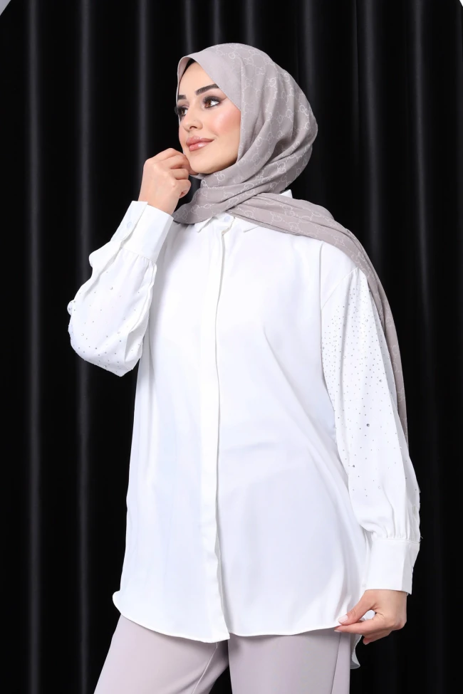 Ekru Kol Taşlı Gömlek