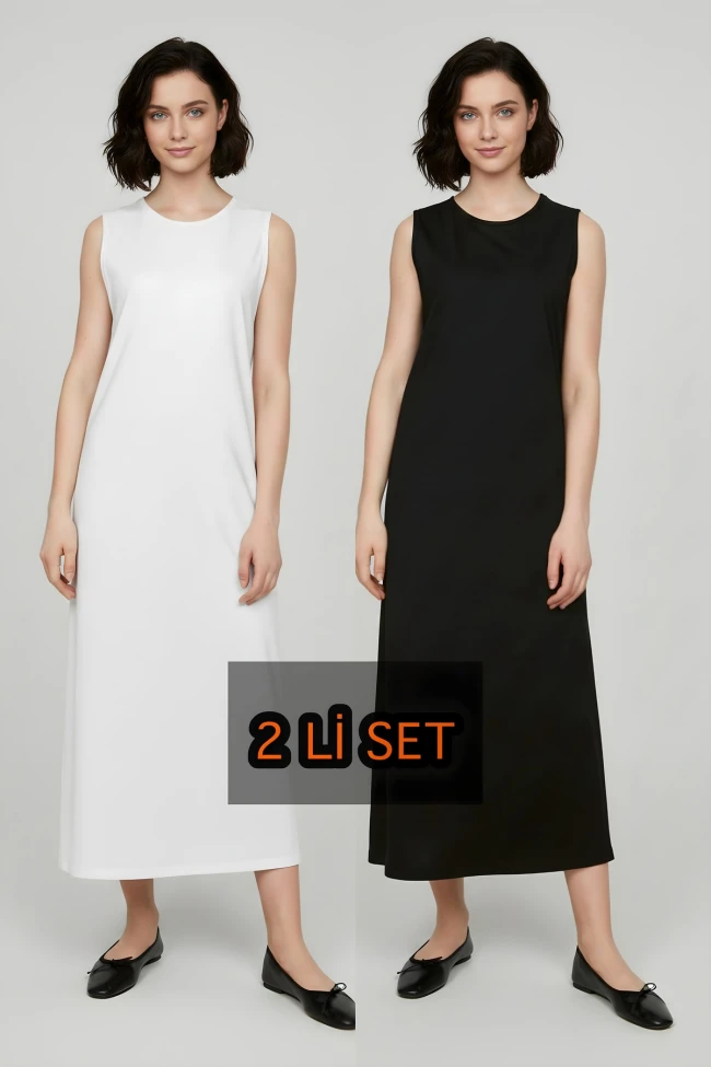 Ekru - Siyah 2'li Paket Kombinezon İçlik Elbise Astarı