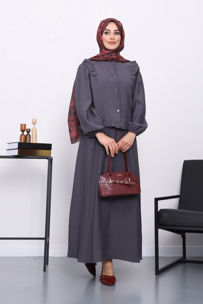 Füme Fırfırlı Gömlek Etekli Takım