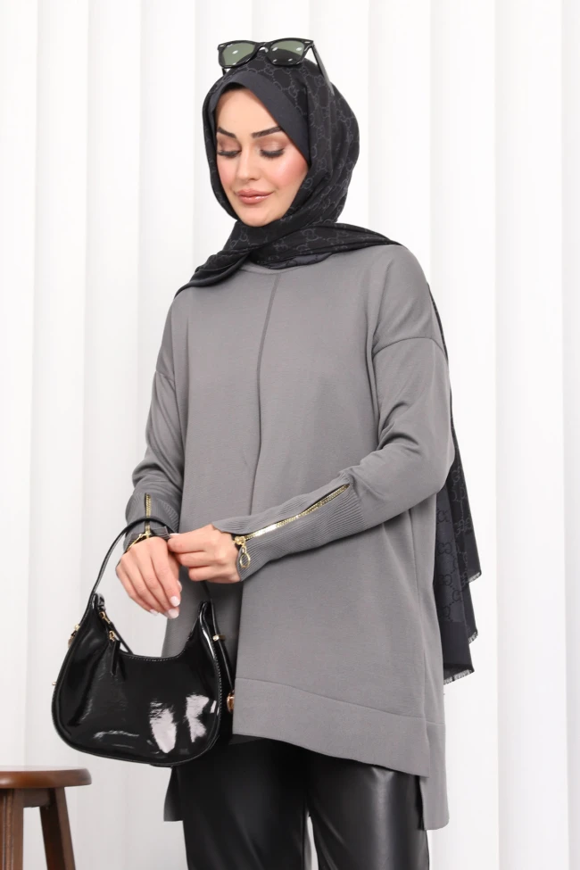 Füme Kol Fermuarlı Soğuk İplik Triko Tunik