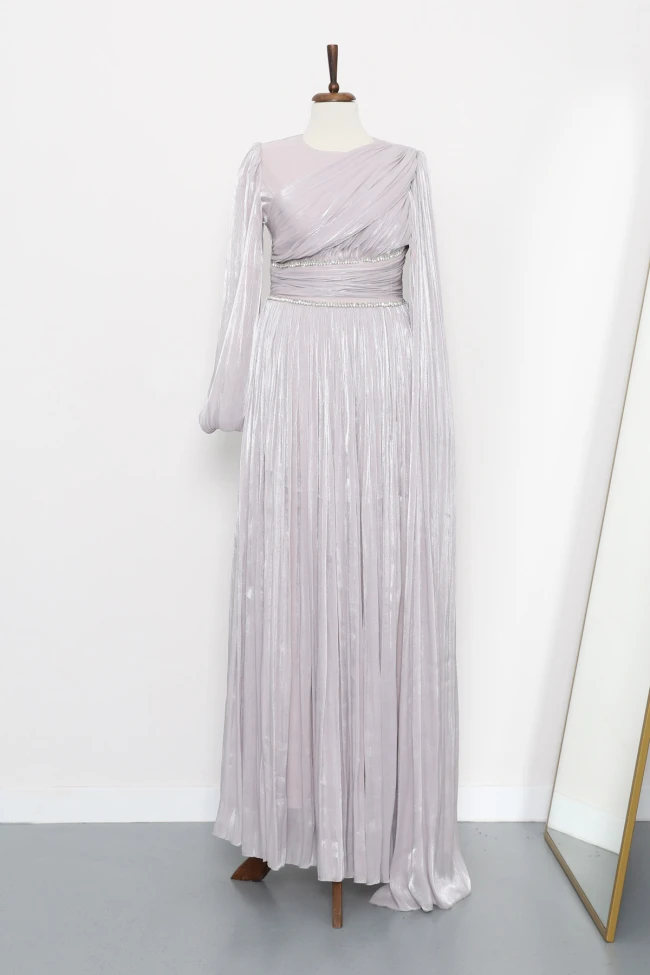 Gri Bel Büzgülü Taşlı Abiye