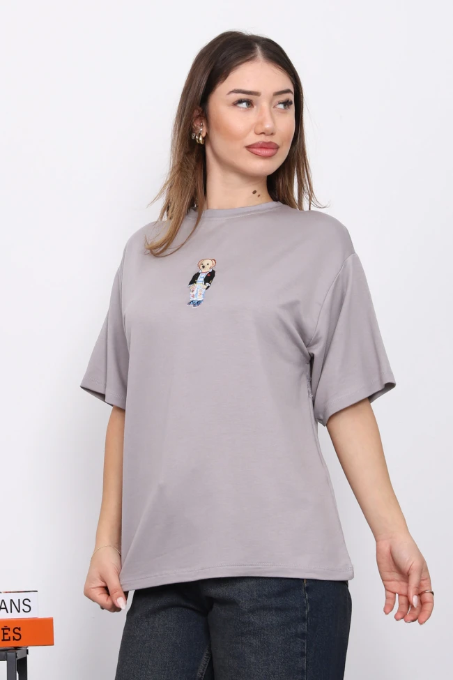Gri Nakışlı Modal Kısa Kol  T-Shirt