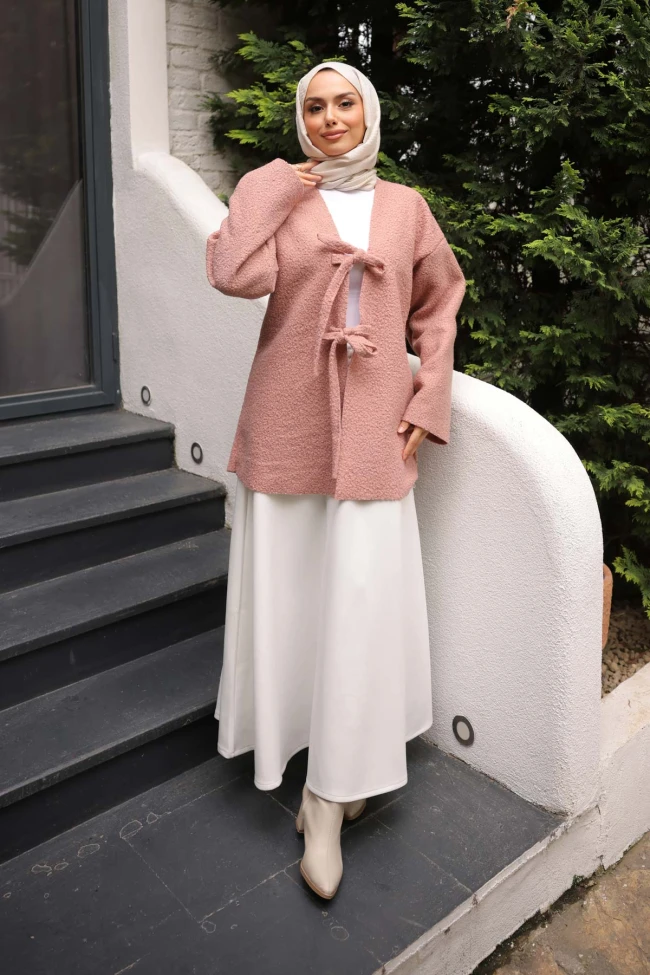 Gül Kurusu Önü Bağlamalı Buklet Kimono Ceket