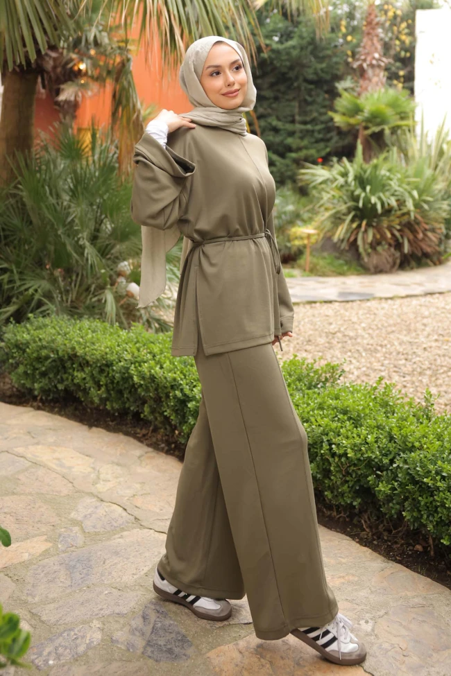 Haki Bel Bağlamalı Tunik Pantolonlu Modal Takım