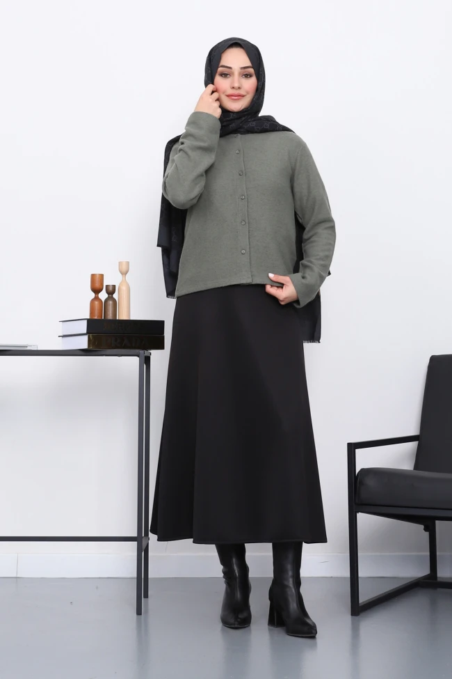 Haki Düğmeli Dokulu Hırka