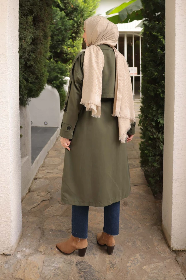 Haki Kruvaze Yaka Astarlı Trençkot