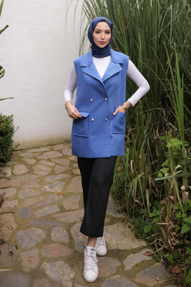 İndigo Kruvaze Yaka Cepli Buklet Yelek