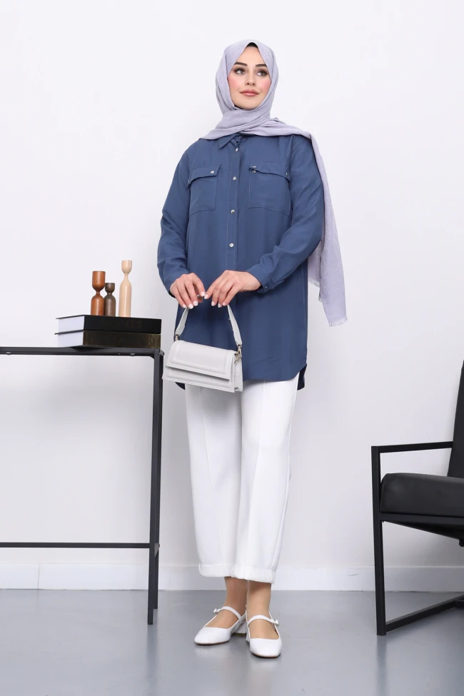 İndigo Omuzları Apoletli Çift Cepli Tunik