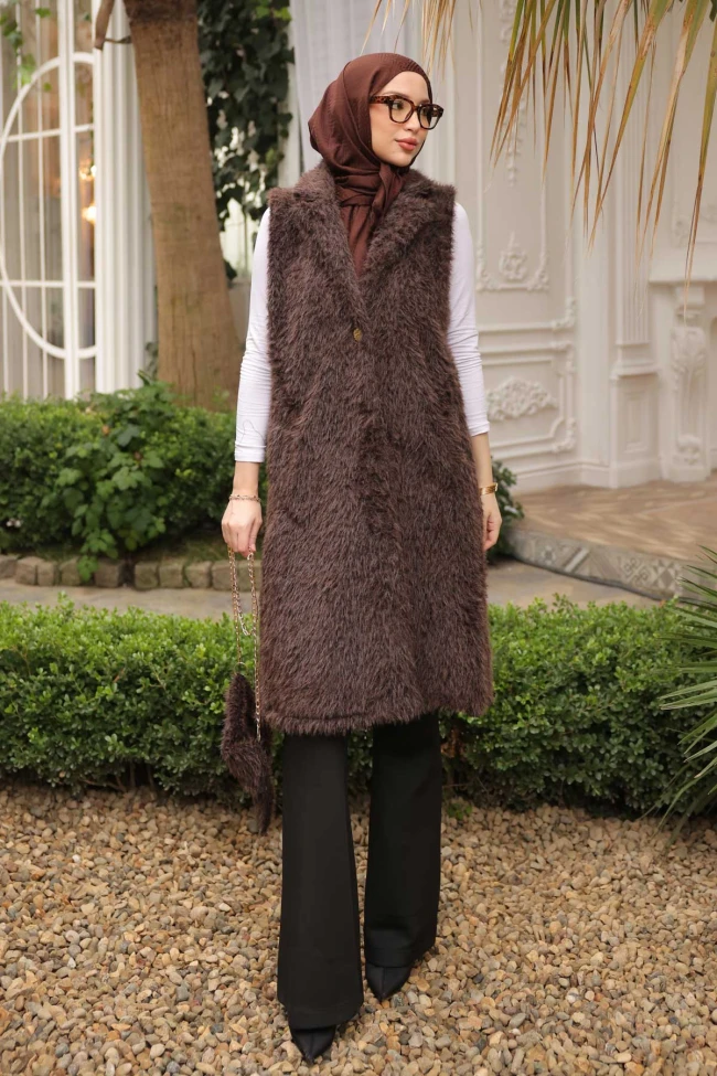 Kahverengi Çanta Hadiyeli Angora Pelüş Kürk Yelek
