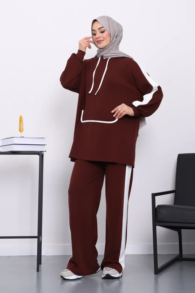 Koyu Bordo Kapüşonlu Renk Bloklu Tunik Pantolonlu Takım