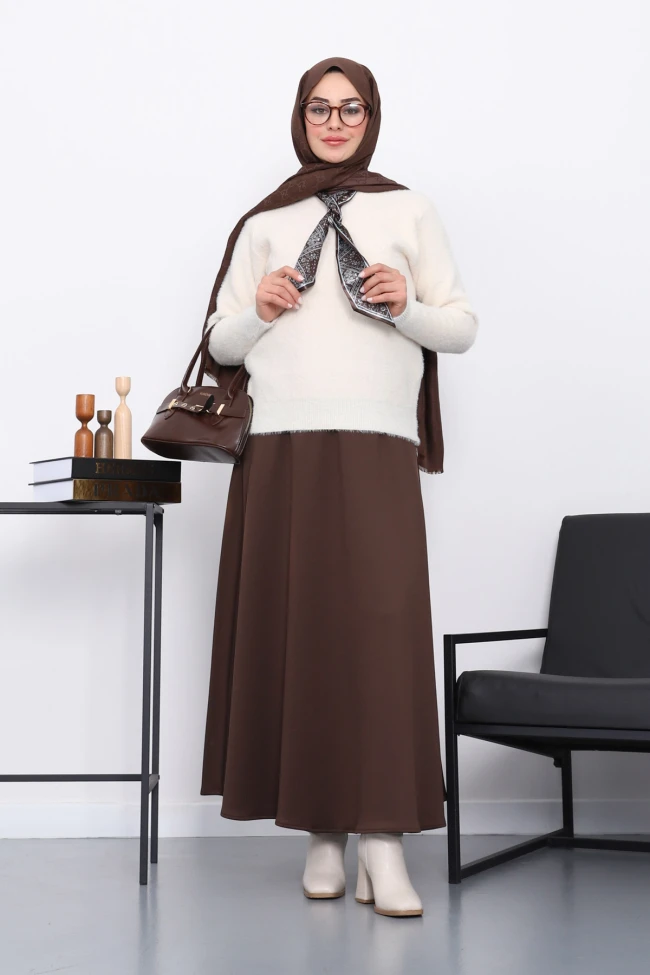 Krem Fular Detaylı Angora Yumoş Kazak