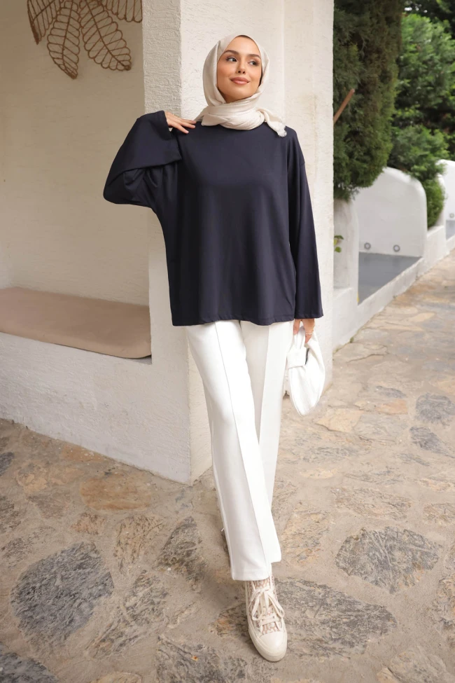 Lacivert Bisiklet Yaka Oversize Kol İnce Penye Sweat