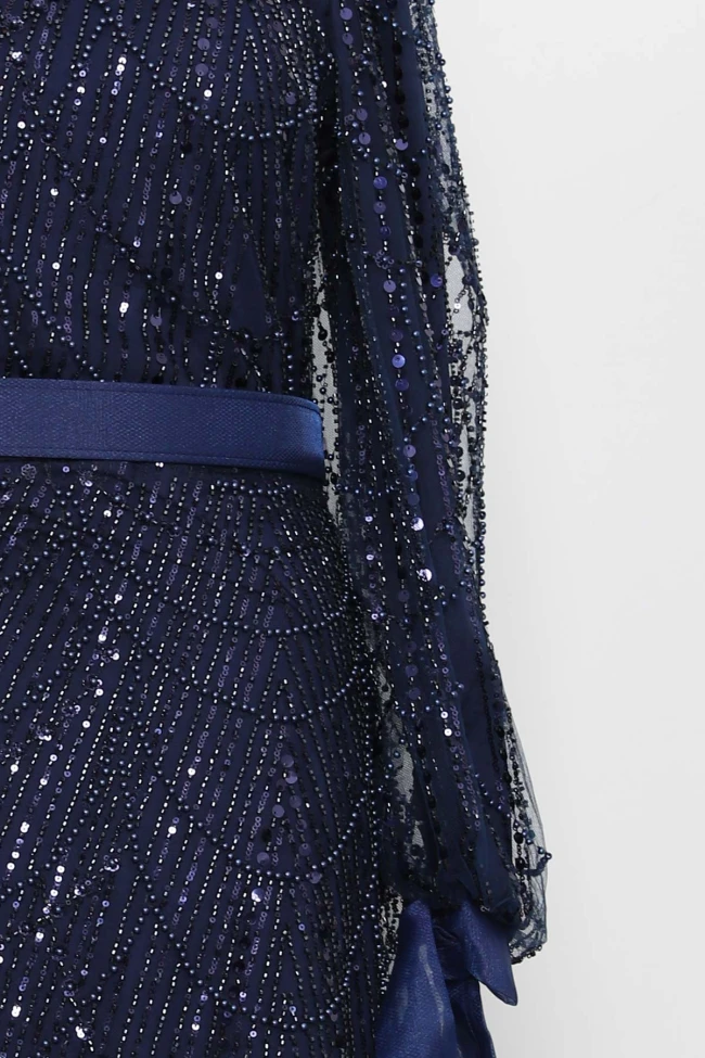 Lacivert Boncuklu Payetli Kemerli Abiye