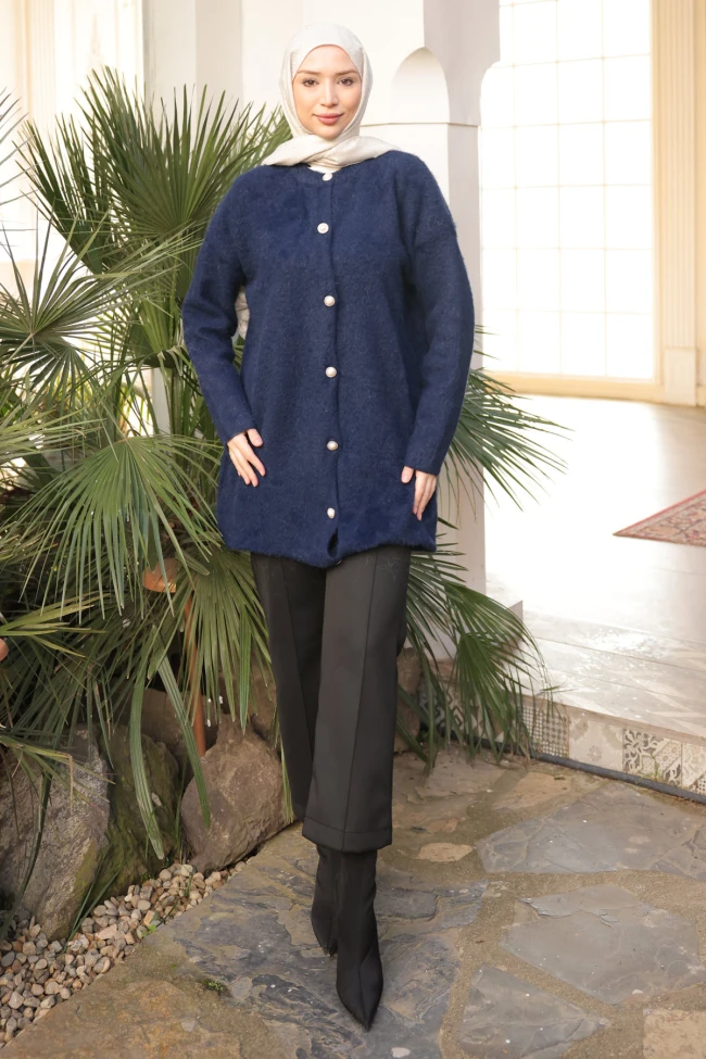 Lacivert Düğmeli Angora Yumoş Triko Hırka