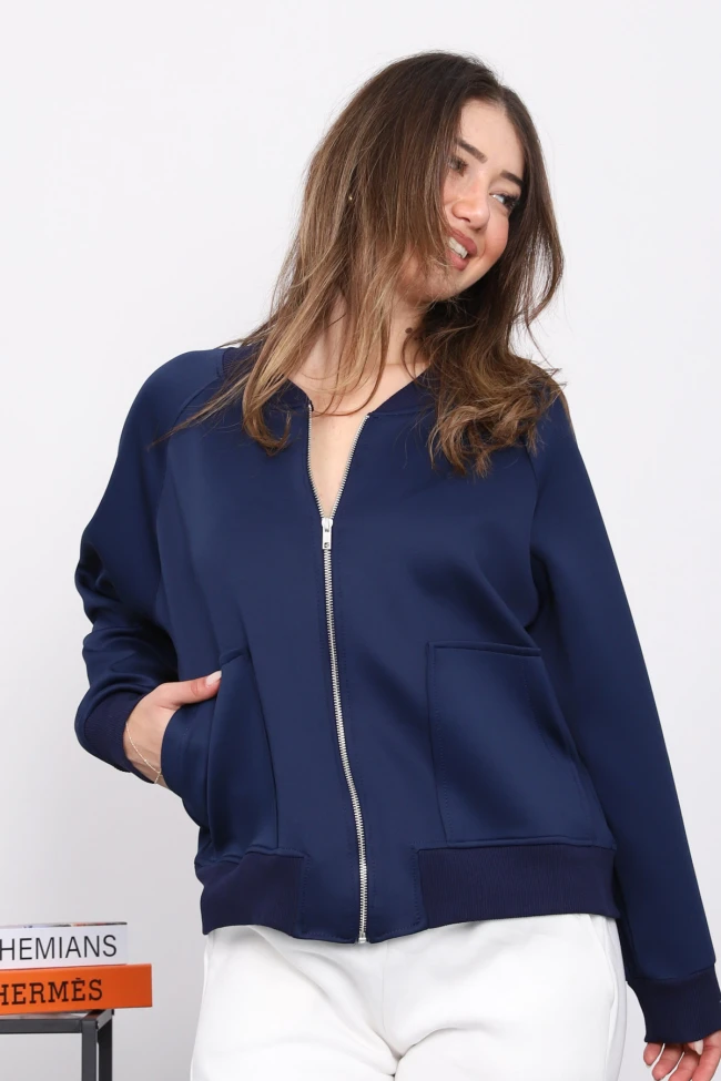 Lacivert Fermuarlı Scuba Kısa Ceket