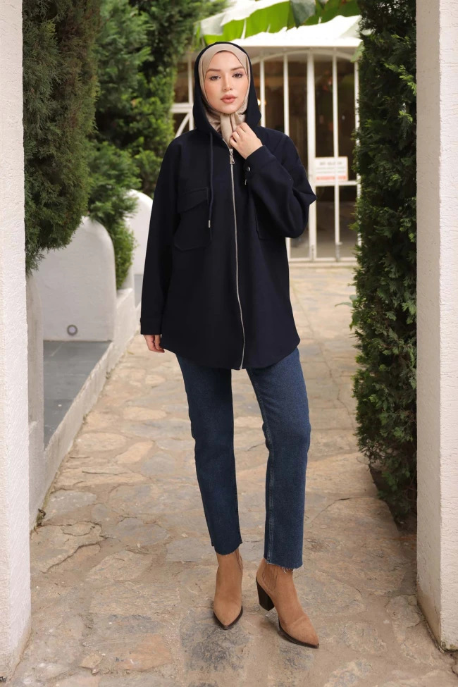 Lacivert Kapşonlu Fermuarlı Kaşe Ceket