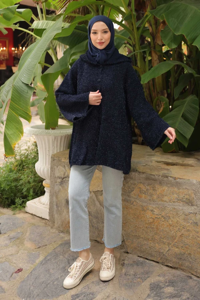 Lacivert Kapüşonlu Düğmeli Simli Triko Hırka