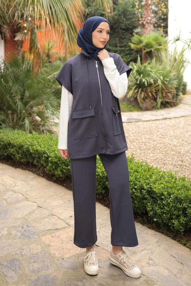 Lacivert Scuba Yelek Pantolonlu Üçlü Takım