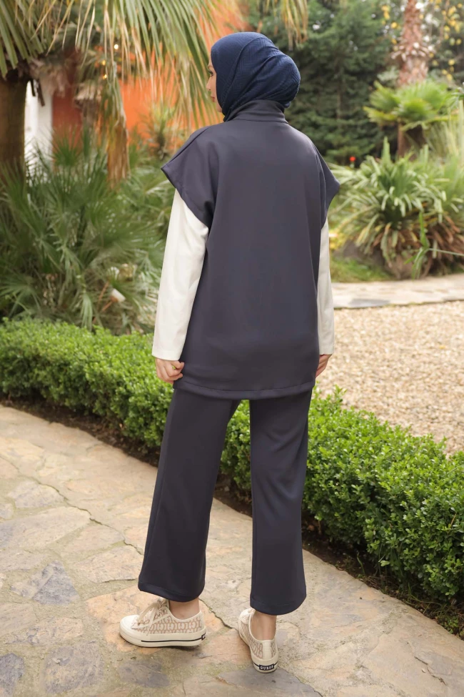 Lacivert Scuba Yelek Pantolonlu Üçlü Takım