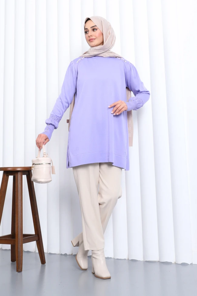 Lila Omuz Taşlı Soguk İplik Triko Tunik
