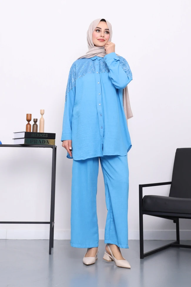 Mavi Dantel Detaylı Boncuklu Tunik Pantolonlu Takım