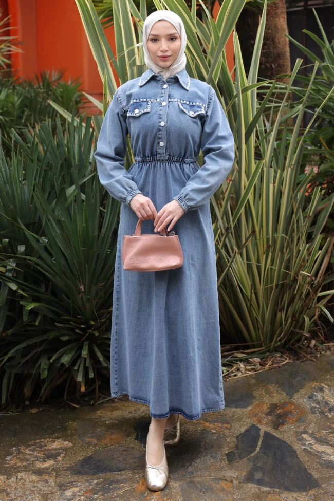 Mavi Nakışlı Cepli Kot Elbise