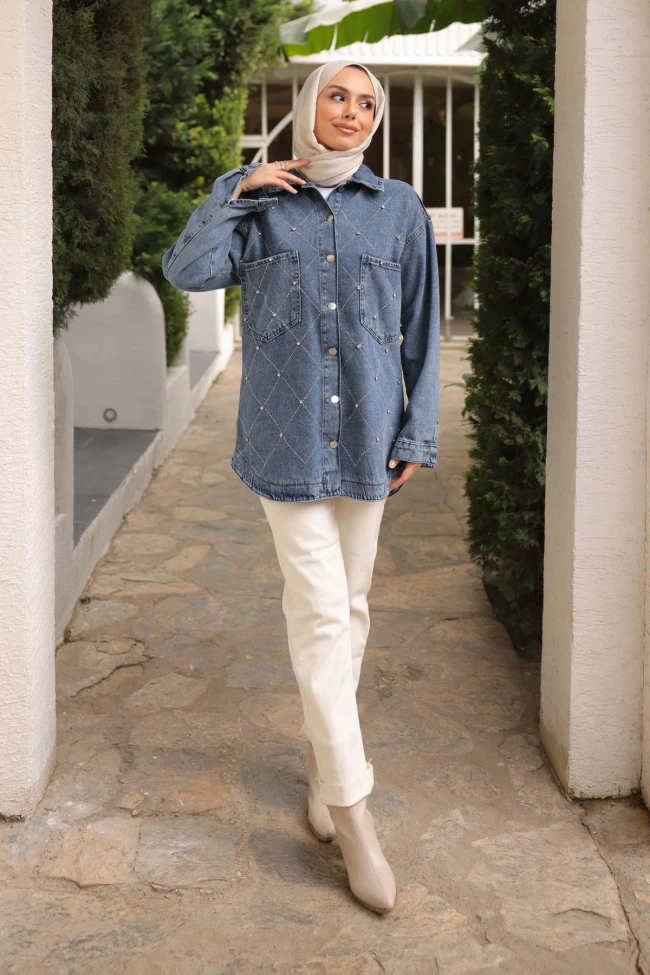 Mavi Taş İşlemeli Kot Ceket