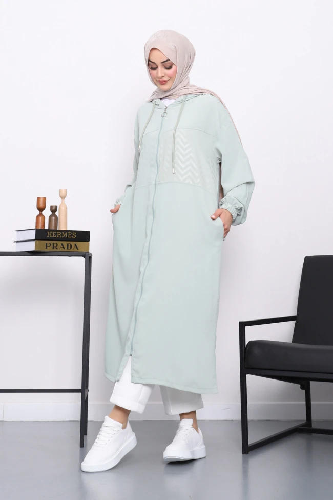 Mint Kapüşonlu Fermuarlı Kap