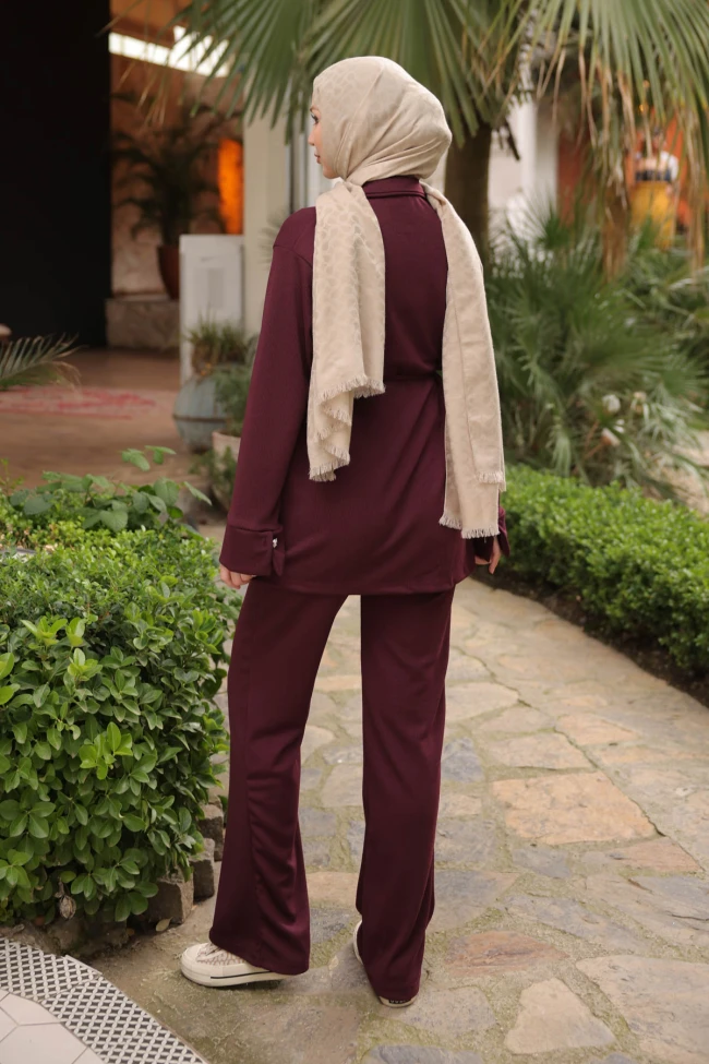 Mürdüm Fitilli Bel Bağlamalıı Tunik Pantolonlu Takım