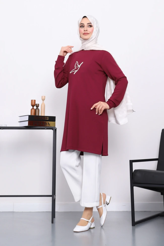 Mürdüm Taş Baskılı Modal Tunik