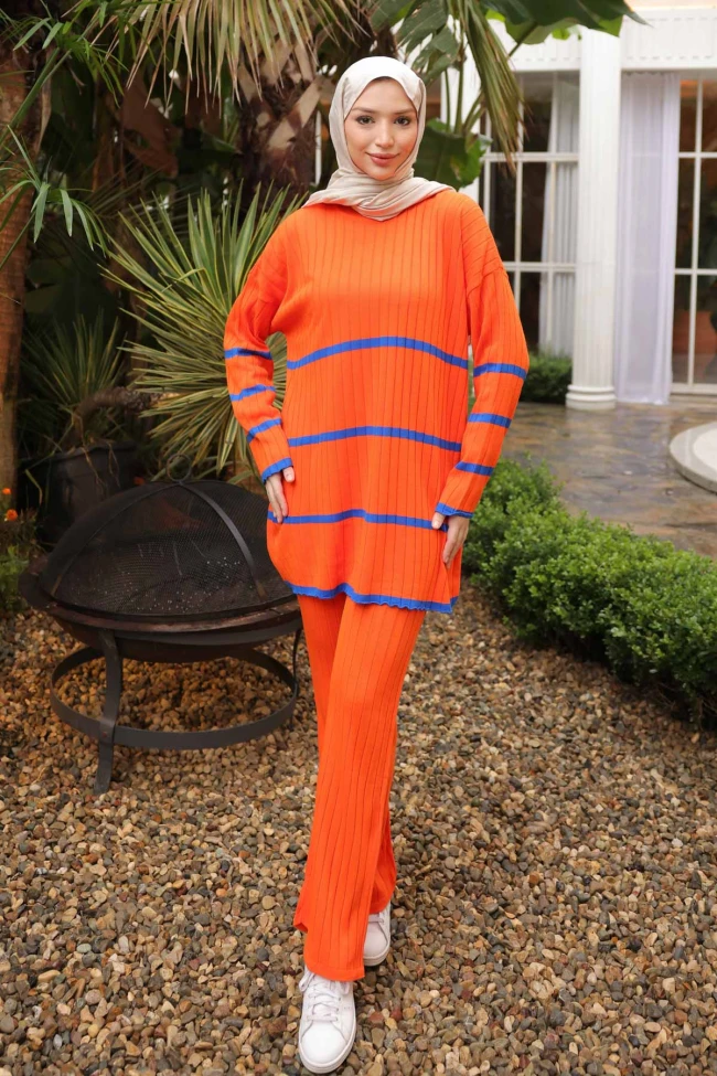 Orange Çizgili Triko Tunik Pantolon İkili Takım