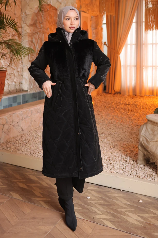Siyah Büyük Beden Kürk Detaylı Şişme Mont