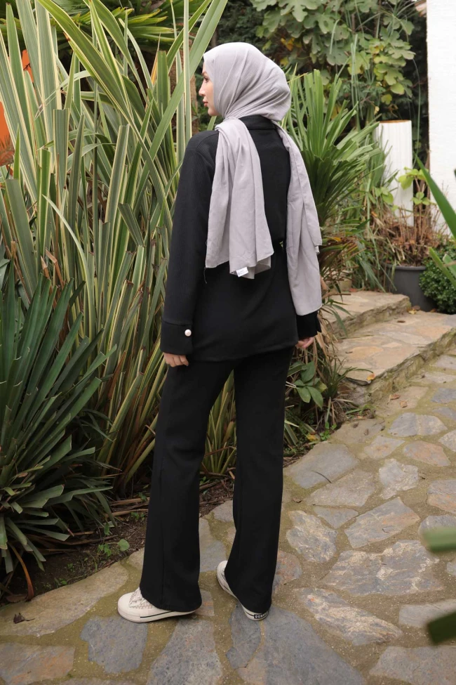 Siyah Fitilli Bel Bağlamalıı Tunik Pantolonlu Takım