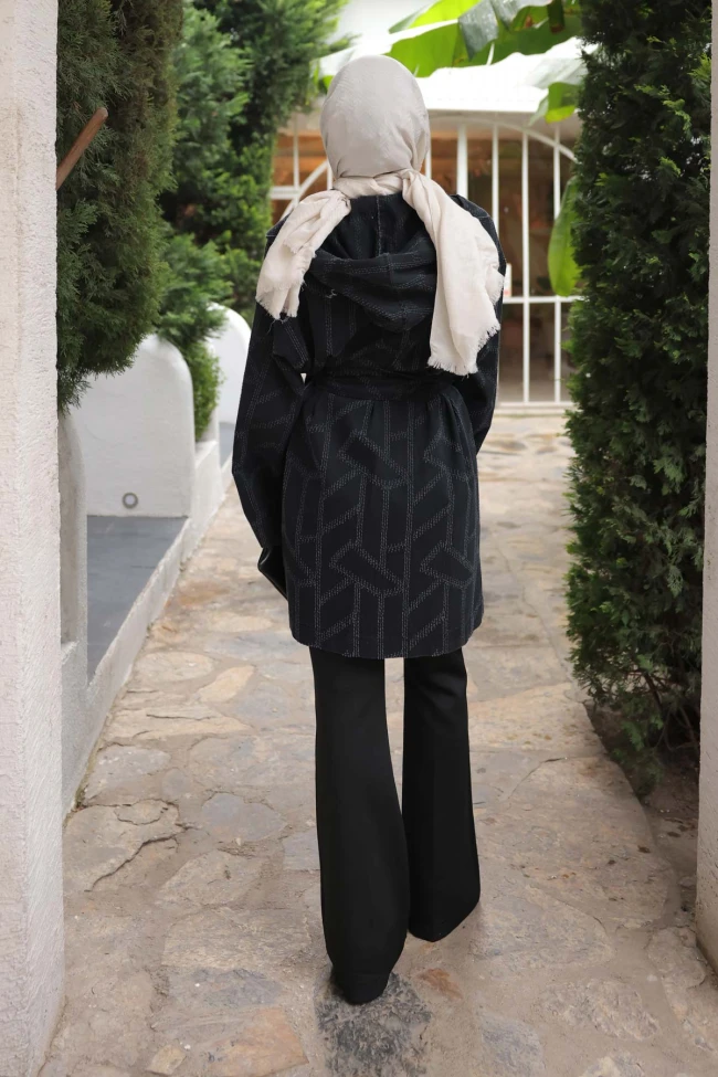 Siyah Kapüşonlu Lazer Kesim Kot Ceket