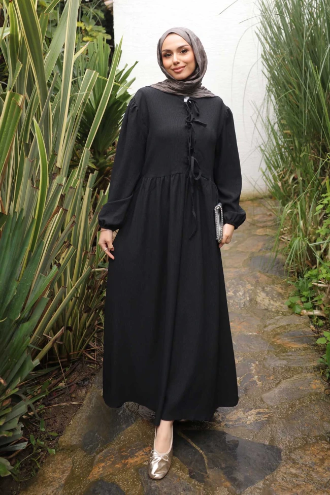 Siyah Kol Lastikli Yaka Bağlamalı Bürümcük Elbise