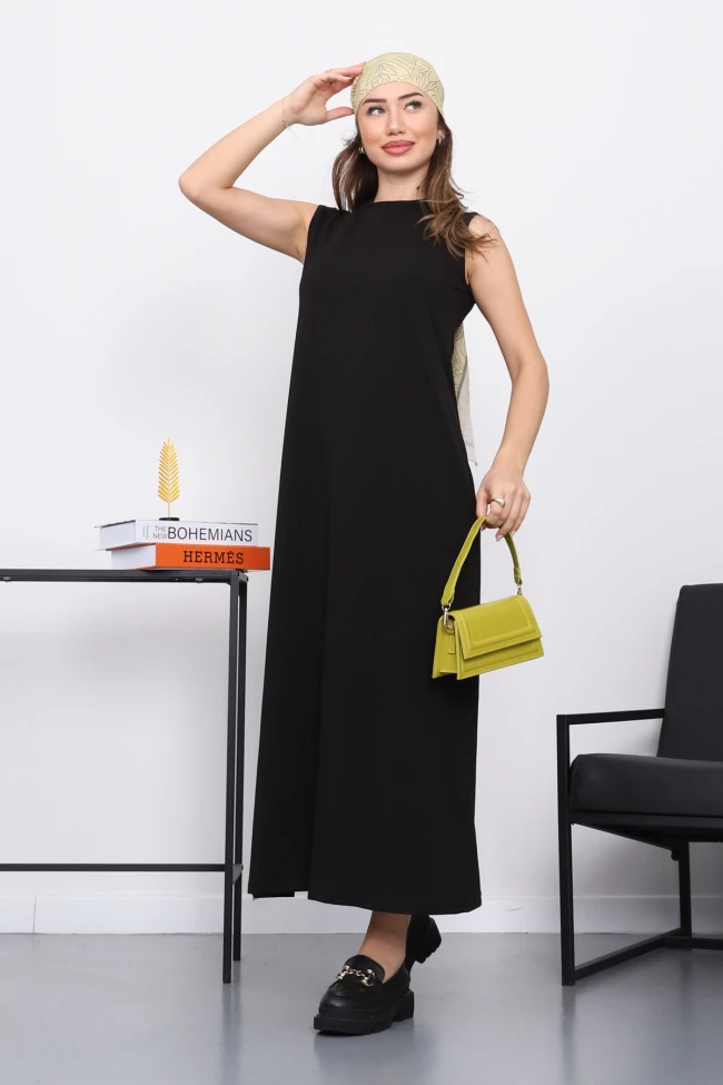 Siyah Sıfır Kol Penye Tesettür İçlik Elbise