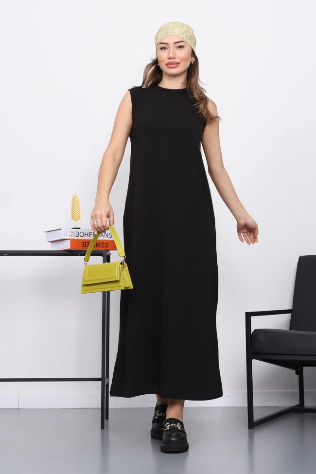 Siyah Sıfır Kol Penye Tesettür İçlik Elbise