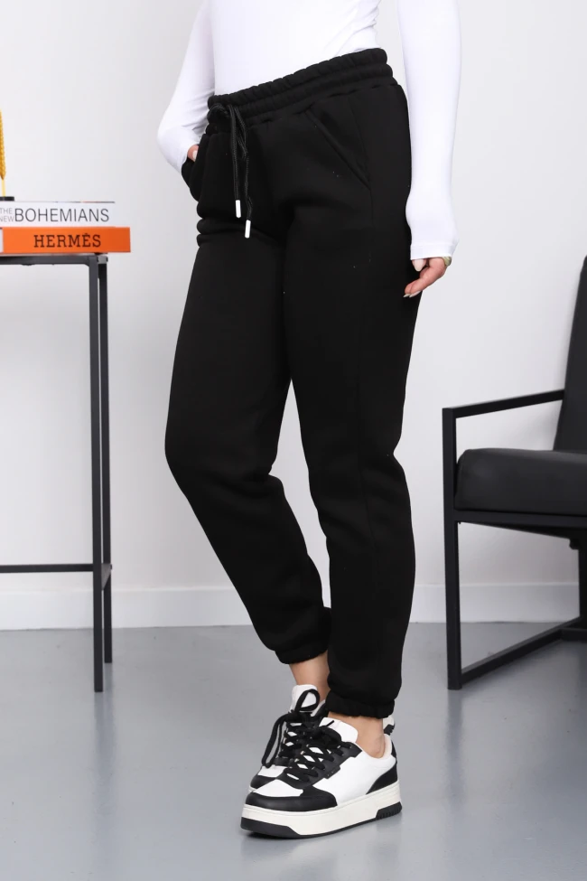 Siyah Üç İplik Şardonlu Eşofman Altı