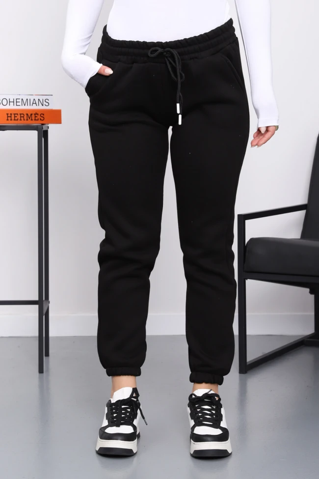 Siyah Üç İplik Şardonlu Eşofman Altı