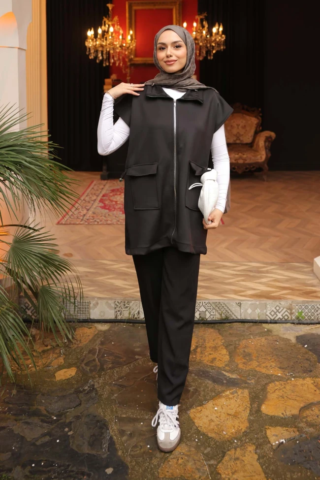 Siyah Yakası Ve Beli Stoper Lastikli Cepli Scuba Yelek