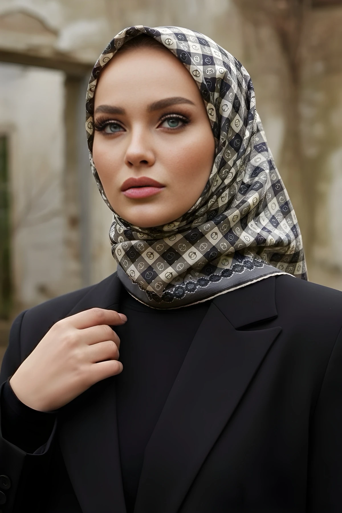 Siyah/Taş İpekhan Soft Dijital Pamuklu Eşarp