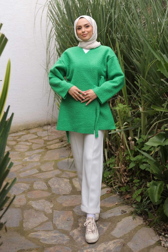 Yeşil Yan Bağlamalı Buklet Kimono Ceket