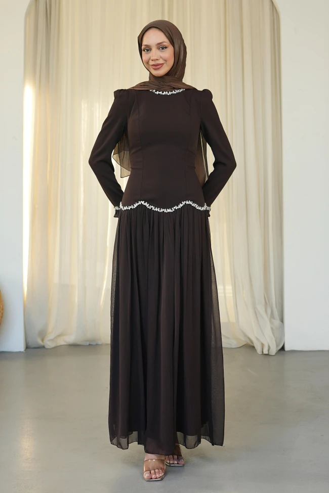 Acı Kahve Sırt Bağlamalı Taşlı Abiye