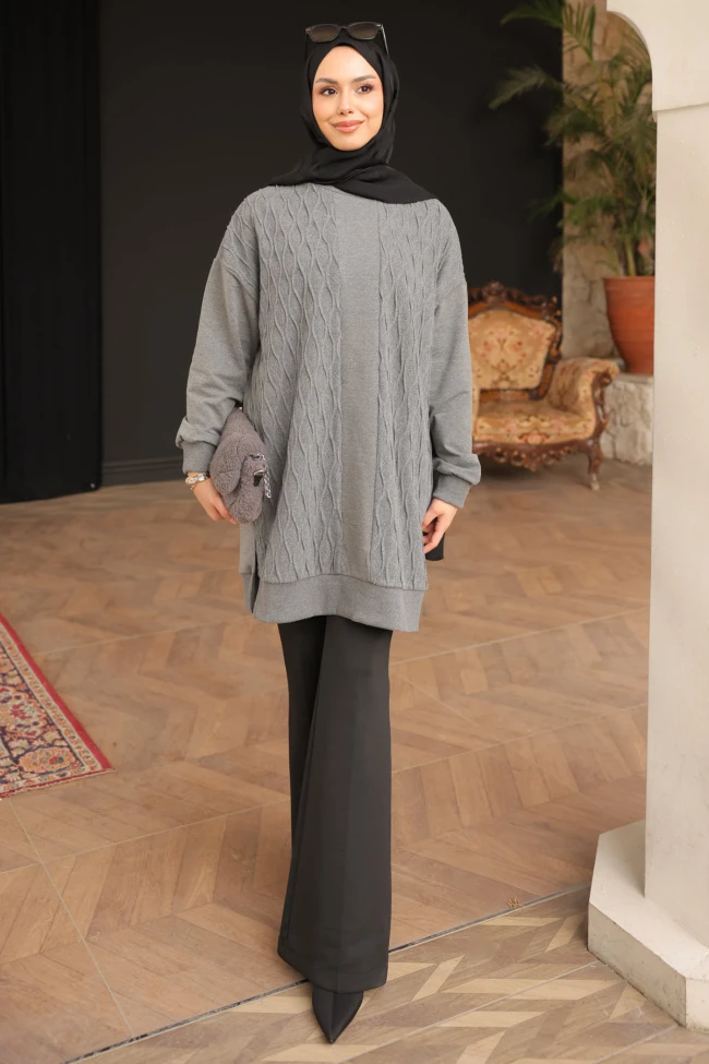 Antrasit Bisiklet Yaka Kendinden Desenli Kol Lastikli Tunik