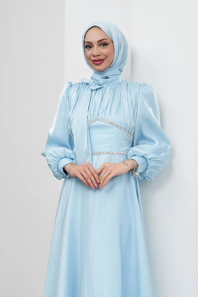 Bebe Mavi Yakası Fiyonklu Beli Taş Detaylı Balon Kol Abiye