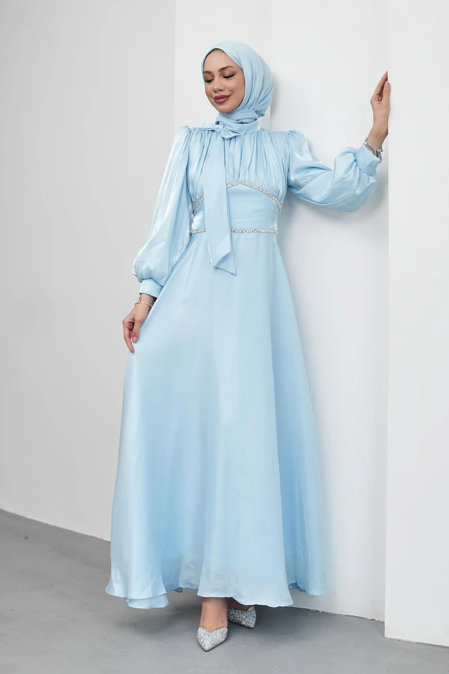 Bebe Mavi Yakası Fiyonklu Beli Taş Detaylı Balon Kol Abiye