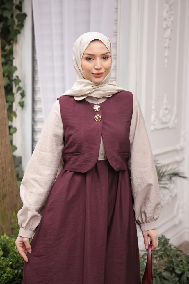 Bordo Bel Lastikli Yelek Kombinli Elbise Takım