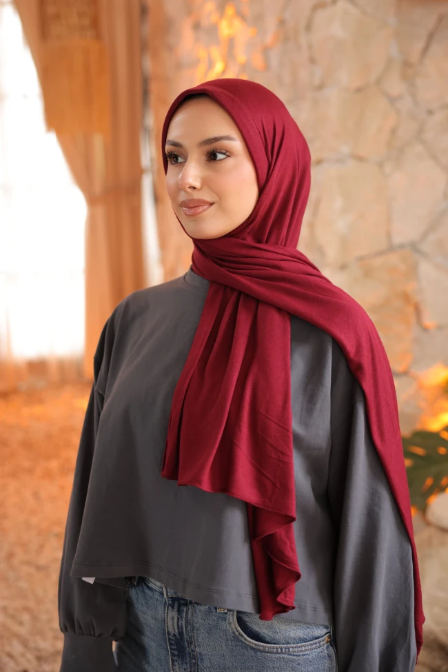 Bordo Helen Önü Süngerli Pratik Penye Şal