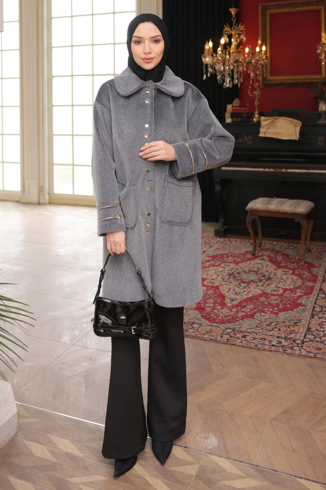 Füme Cepli Düğmeli Angora Kaban